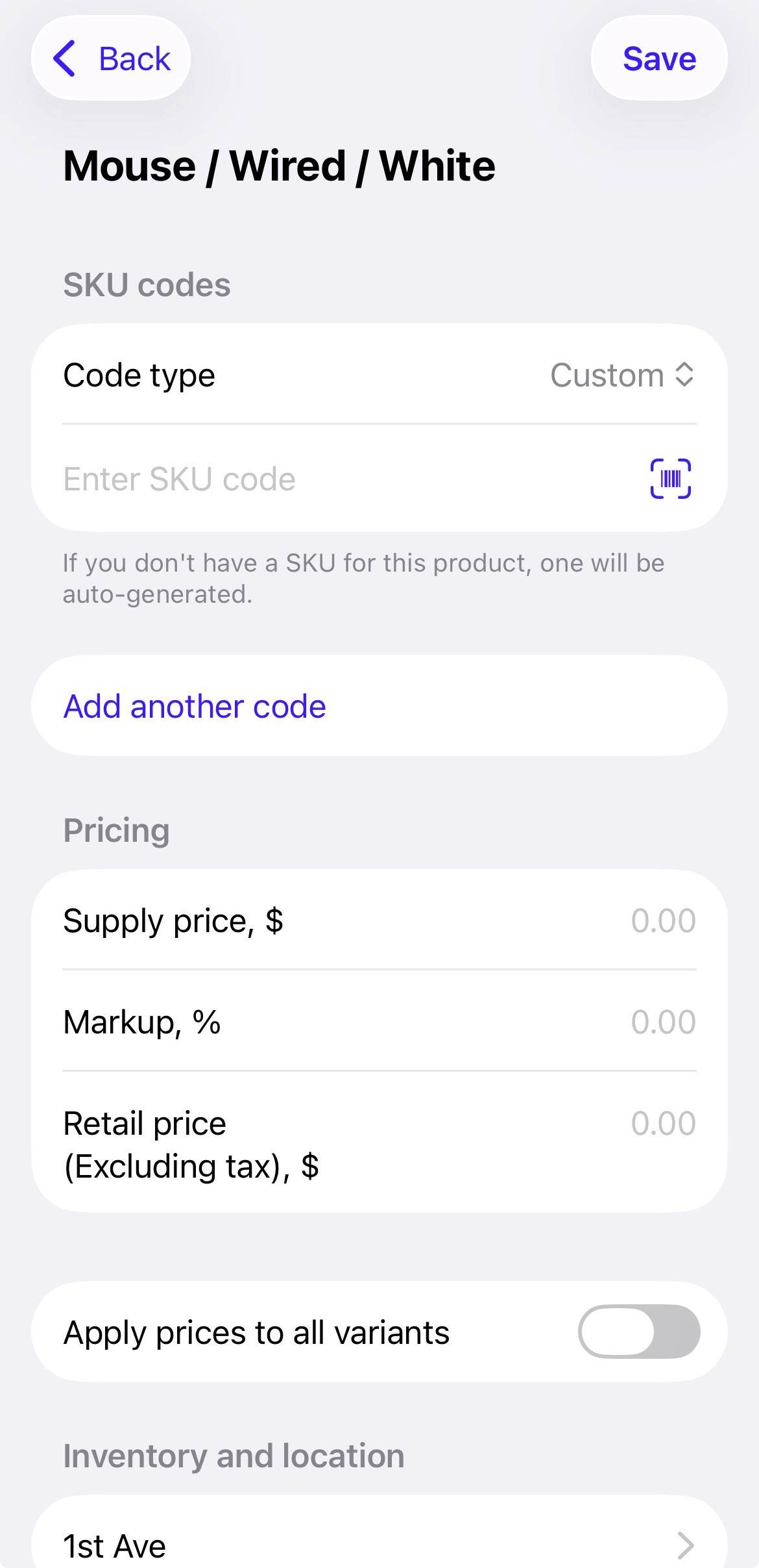 Product page for individual product variant.