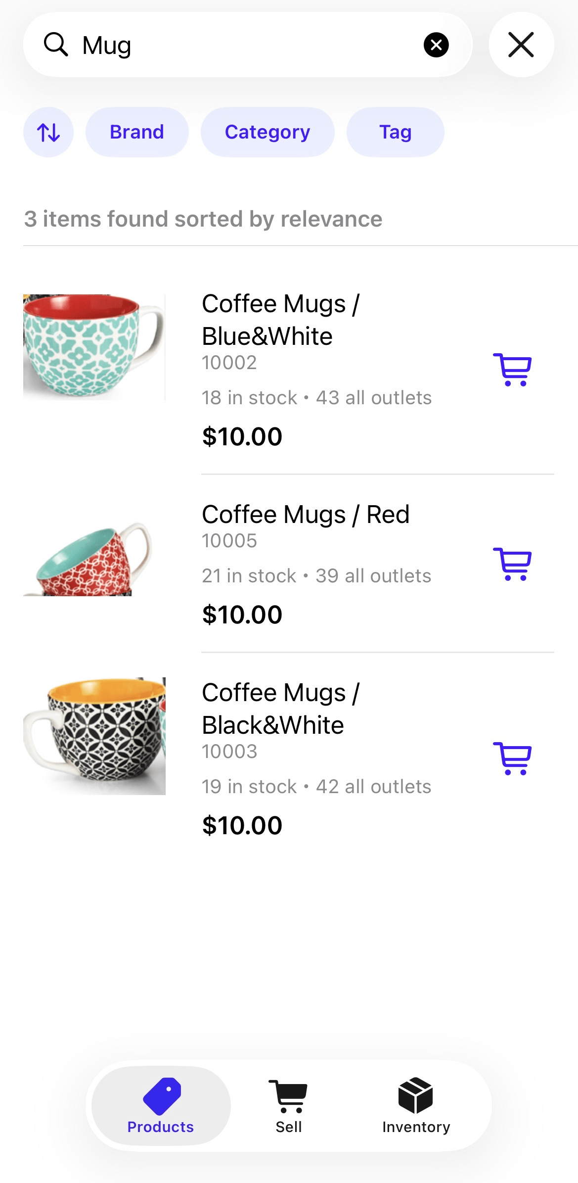 Product search with options to filter by Brand, Category, or Tag.