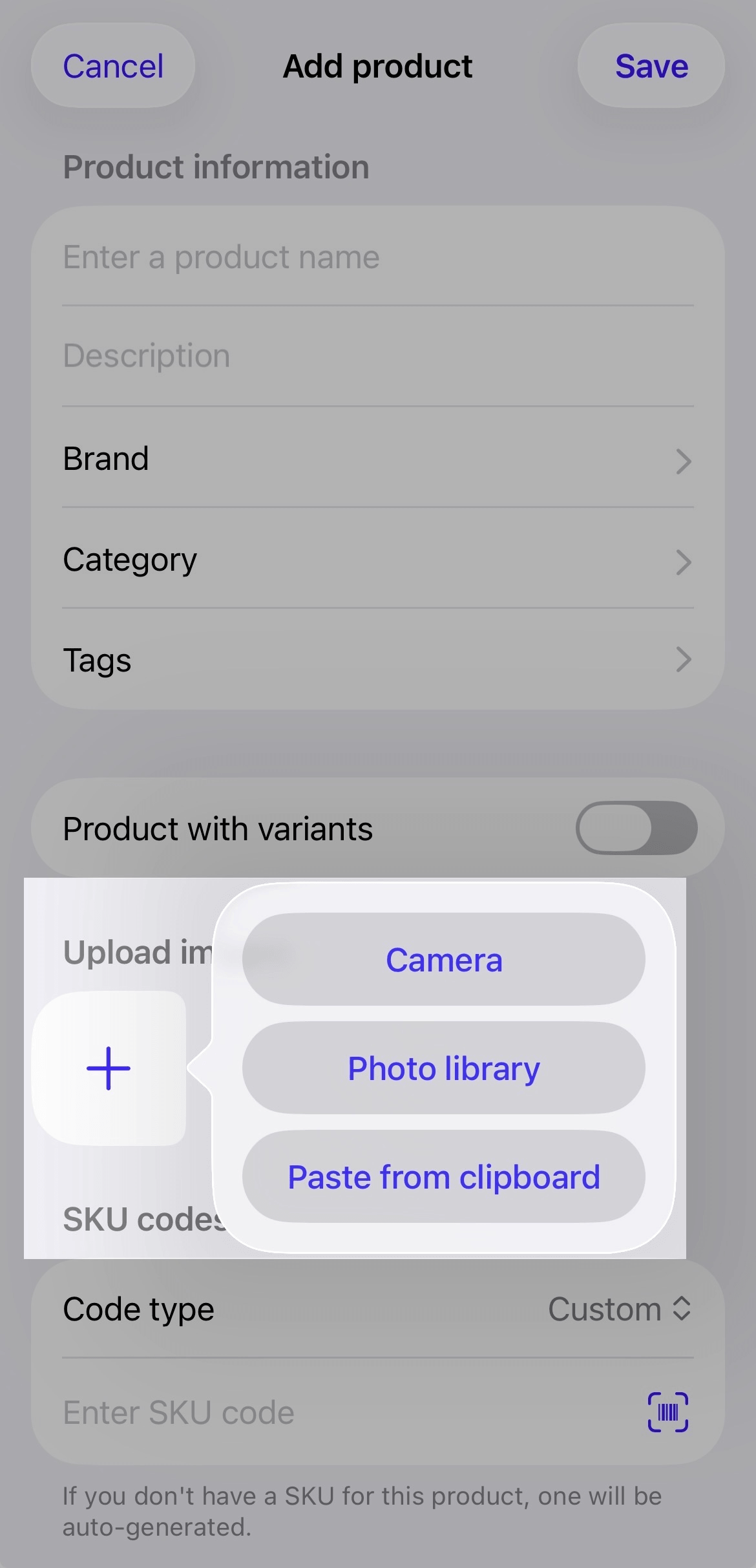 Add product screen with Upload images section and image upload options emphasized.