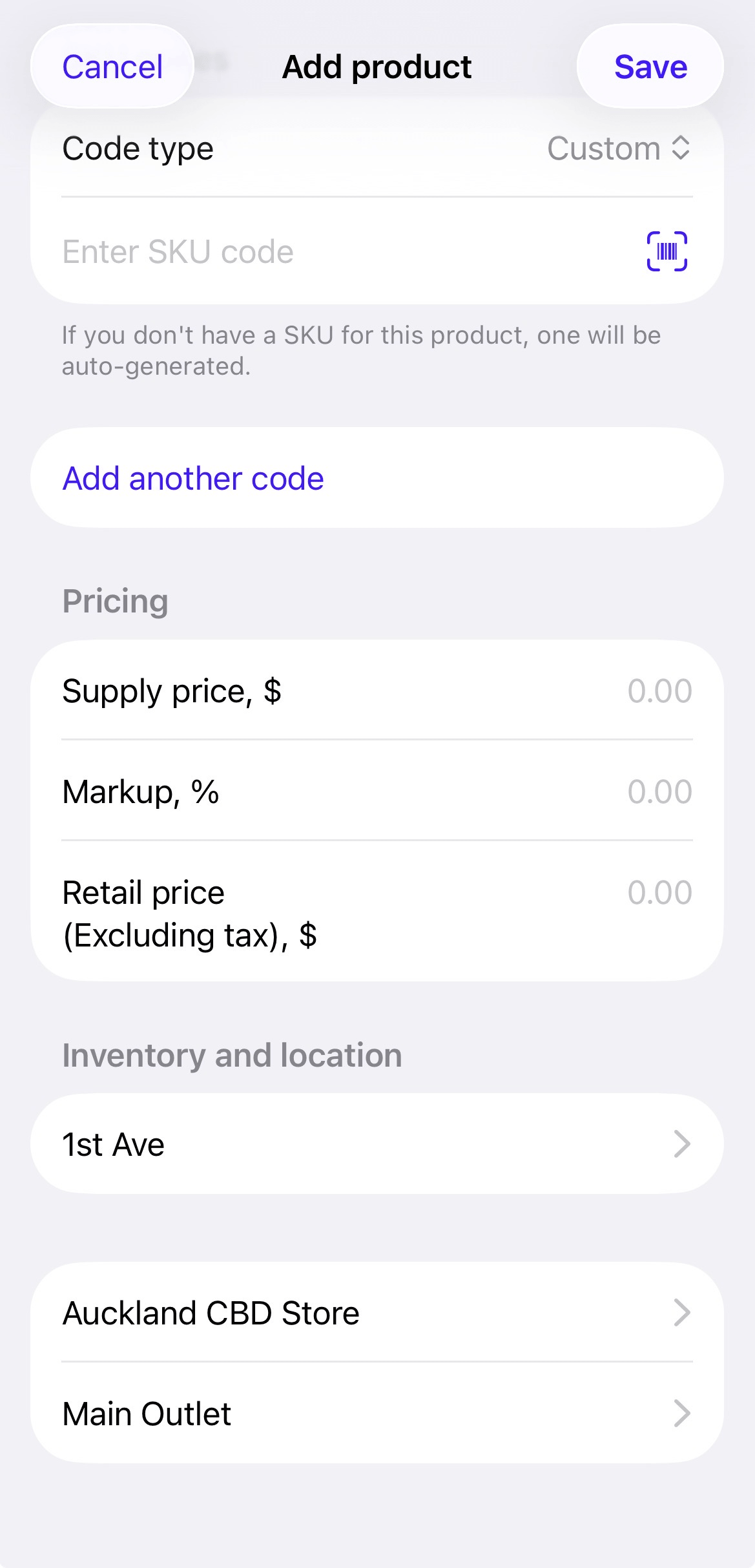 Add product screen showing Pricing and Inventory and location sections.