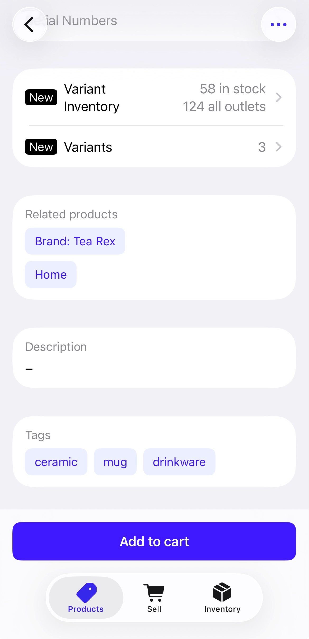 Item page showing Variant information, Related products, Description, and Tags.