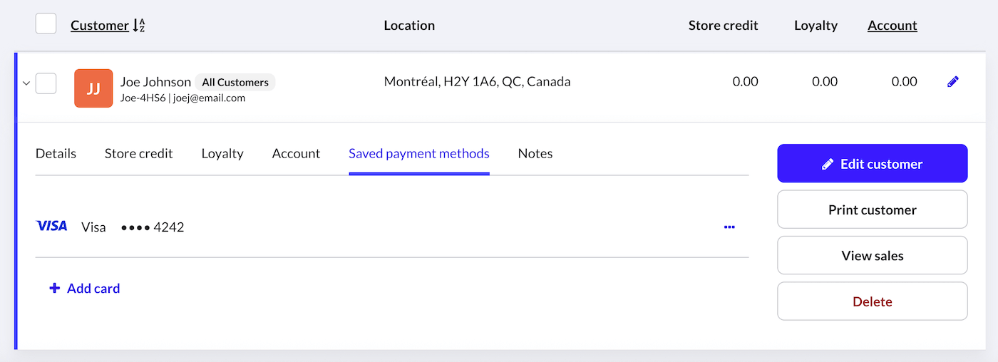 Modes de paiement enregistrés sur le profil du client.