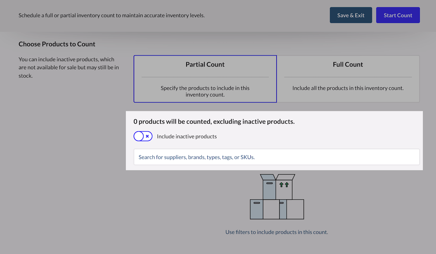 The search field highlighted in the choose products to count section.