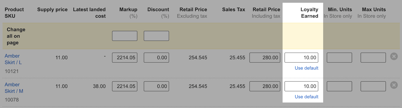 Custom loyalty set for online products in a price book.