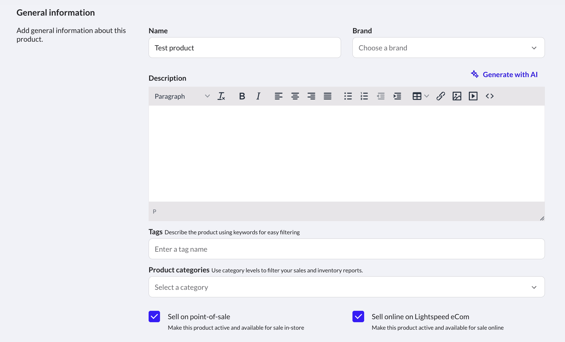 Creating a test product