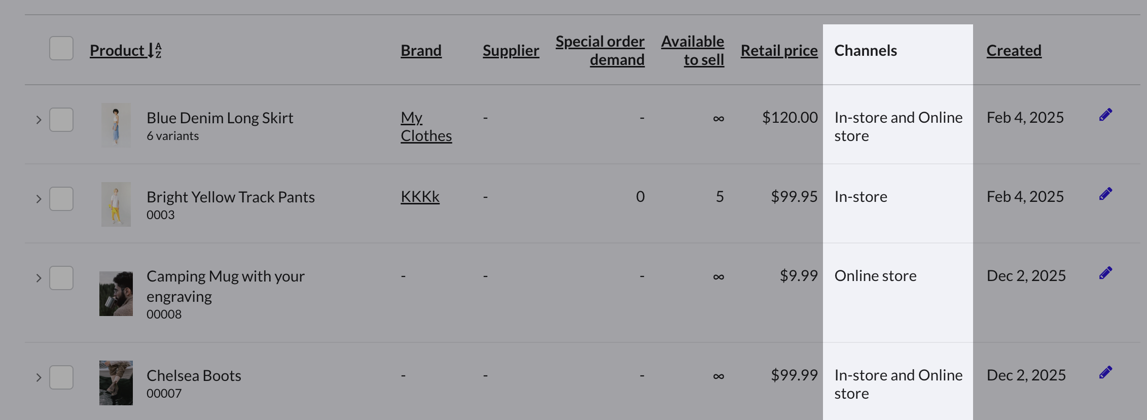 Channel status column on the product catalog page