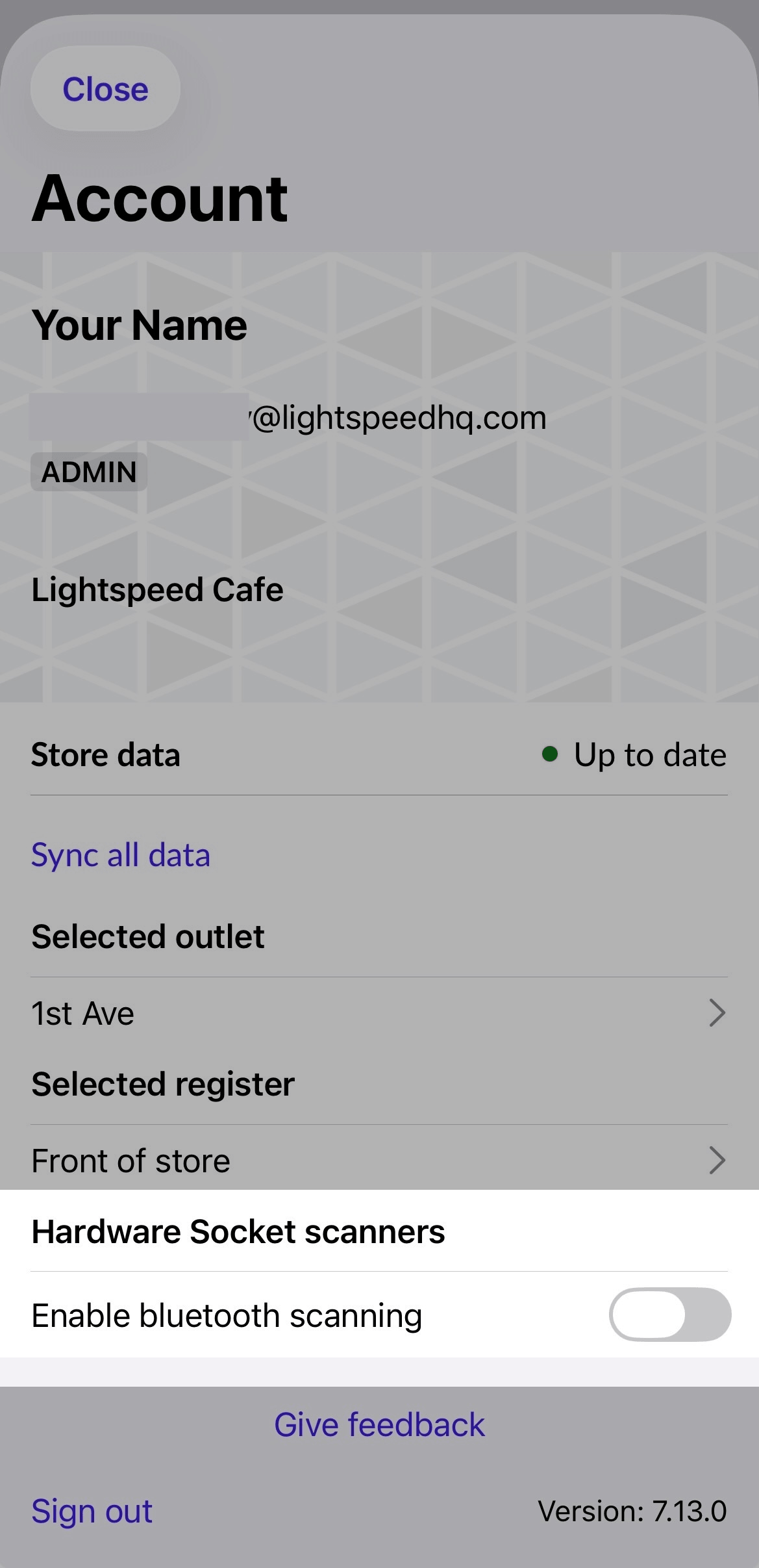 Page Compte avec le bouton Activer la numérisation Bluetooth mis en évidence.