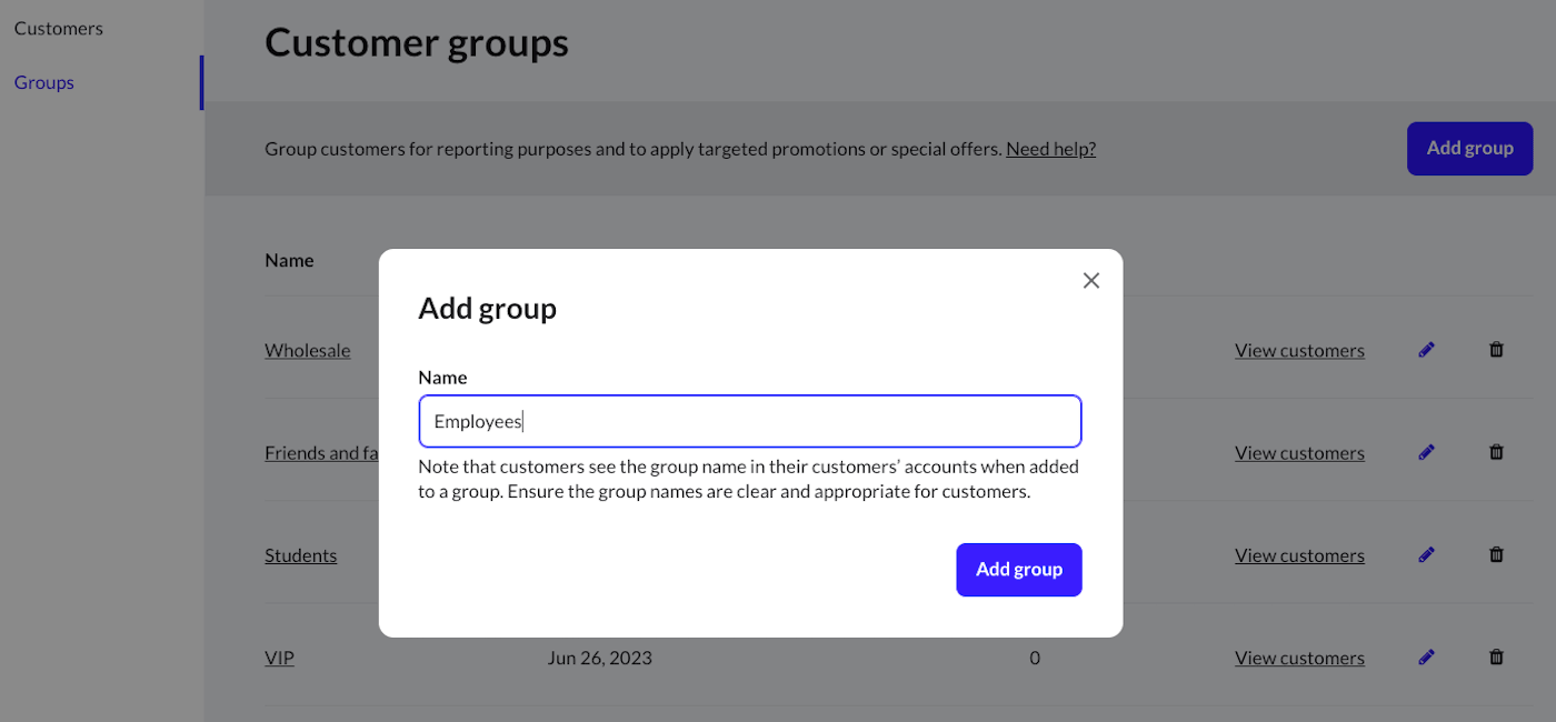 Page Groupes de clients affichant la fenêtre contextuelle Ajouter un groupe.