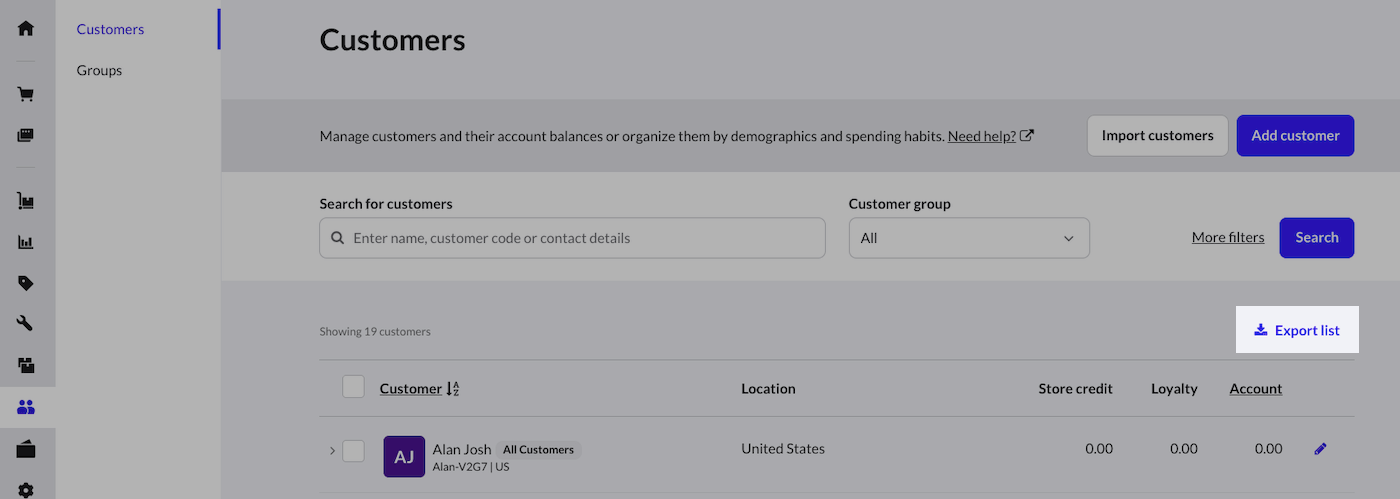 Page Clients, le bouton Exporter la liste est mis en évidence.