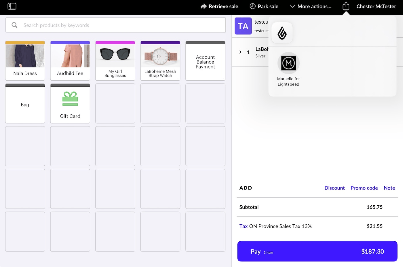 Écran de vente de l’iPad avec la flèche de partage sélectionnée et l’option Marsello pour Lightspeed affichée.