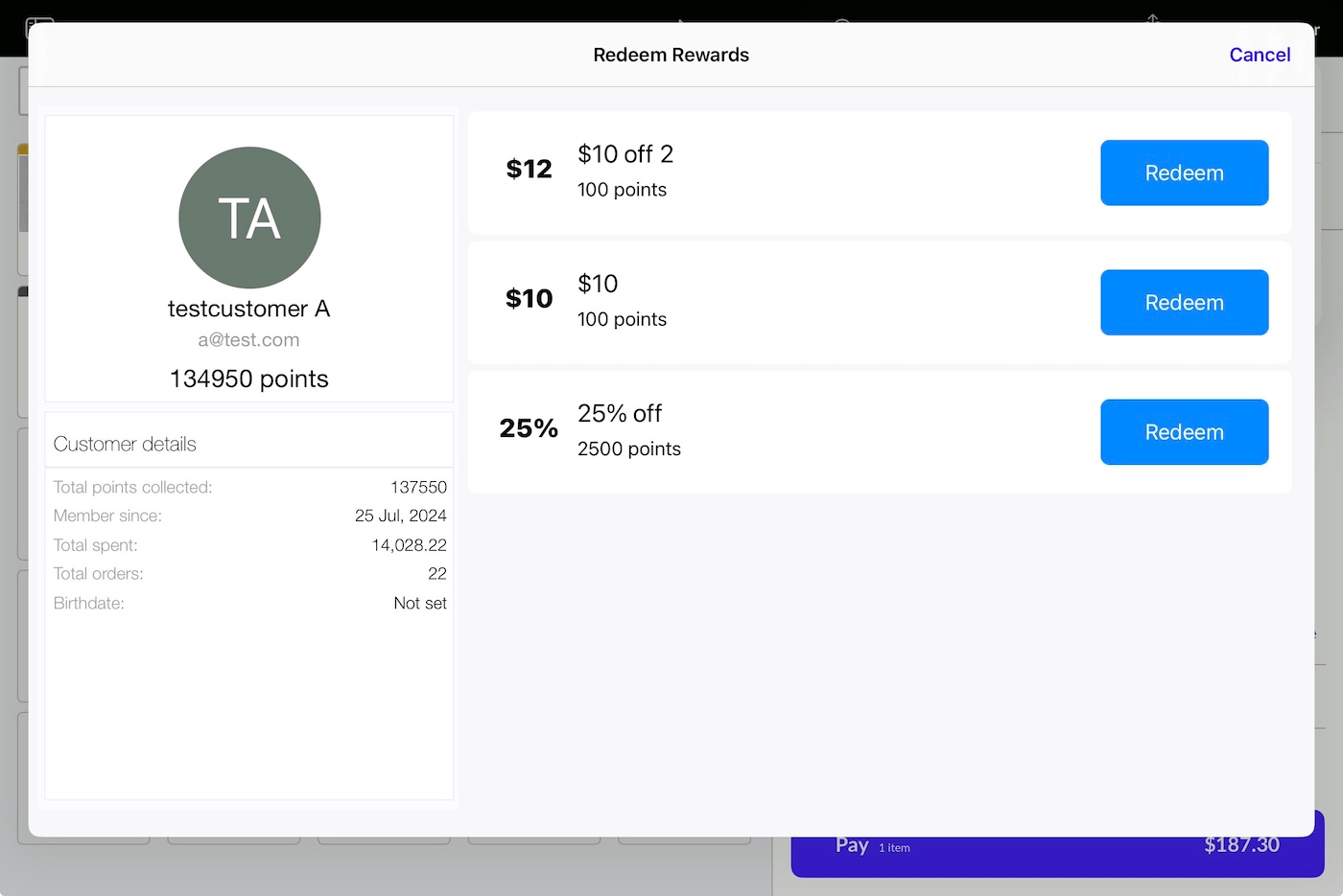 Liste des récompenses échangeables sur iPad.