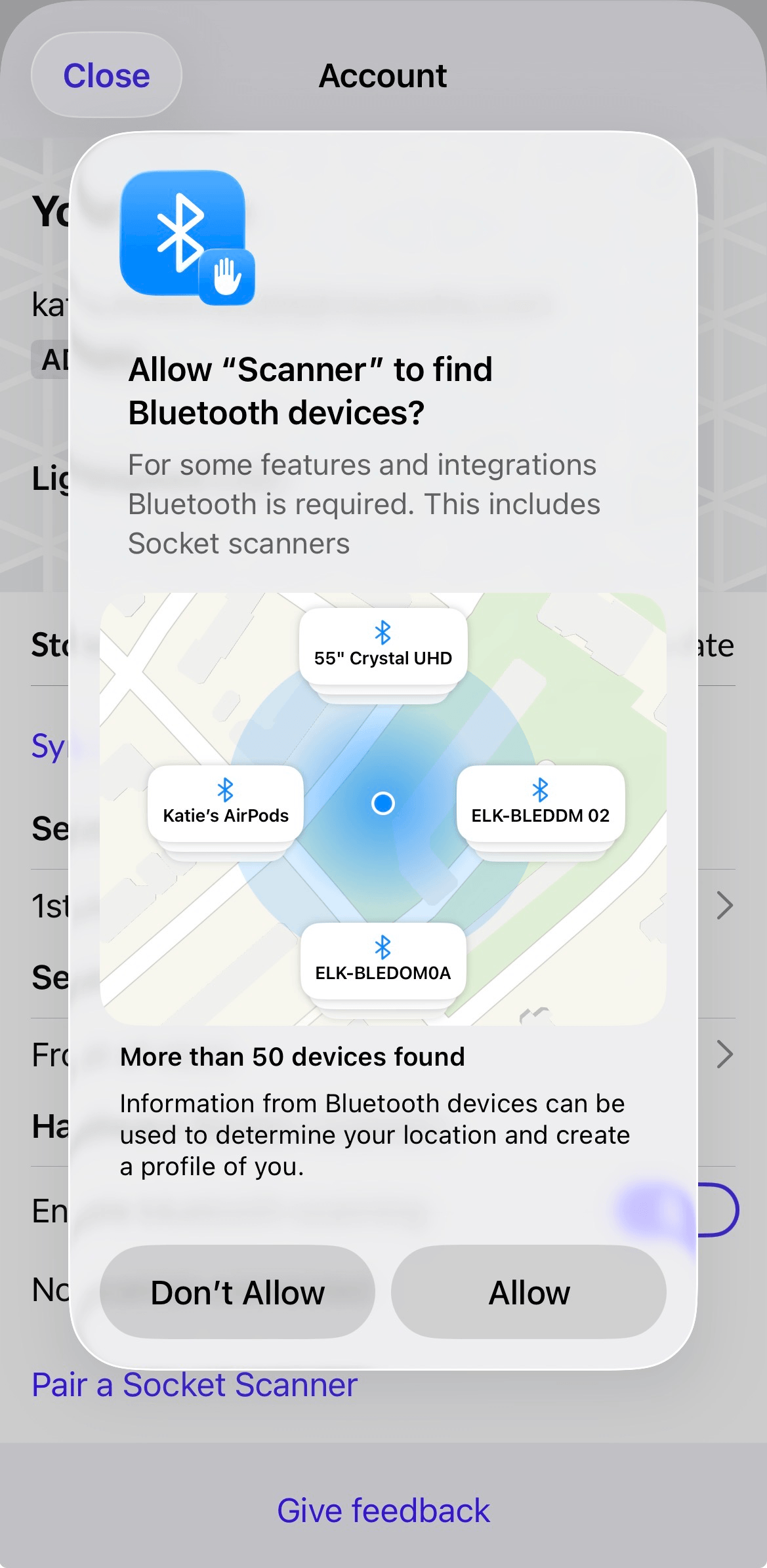 Pop-upvenster met opties om Scanner wel of niet toe te staan om naar lokale Bluetooth-apparaten te zoeken.