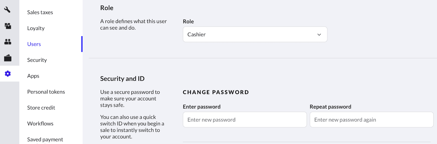 Edit user page showing Change password section.