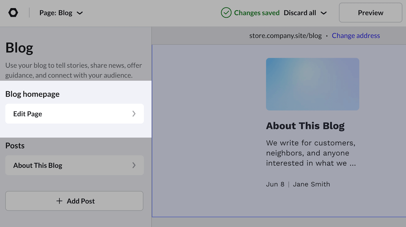 eCom site builder Blog page with Edit page highlighted.