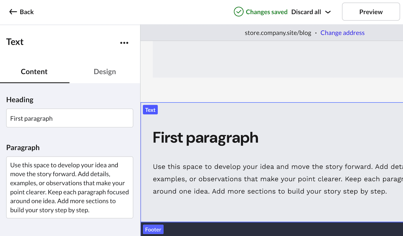 eCom site builder Text section with active Content page.