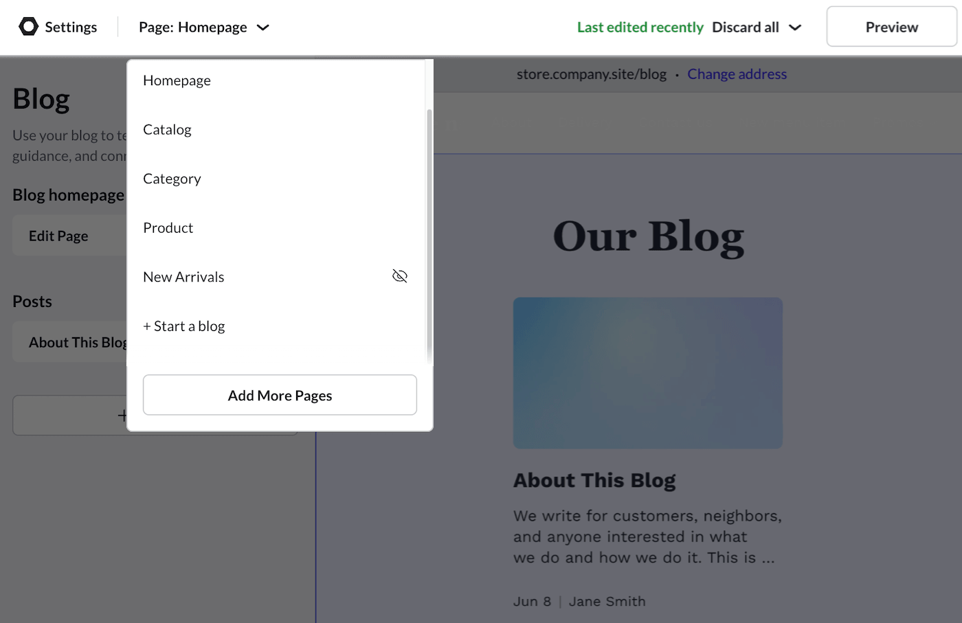 eCom site builder page selector dropdown with + Start a blog option.