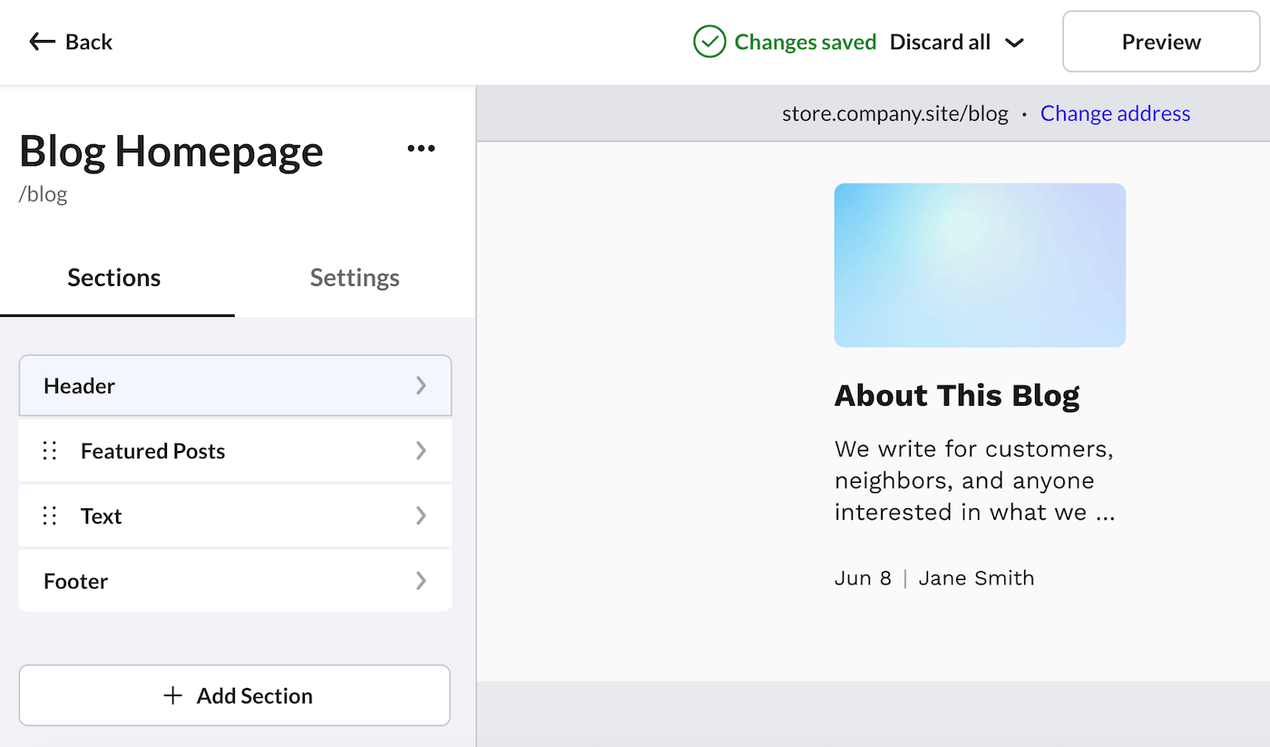 eCom site builder Blog Homepage with active Sections tab.
