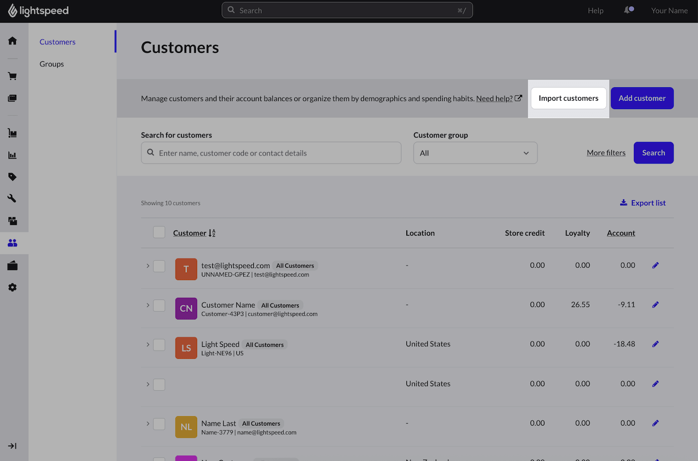 Customers page with Import customers button emphasized.