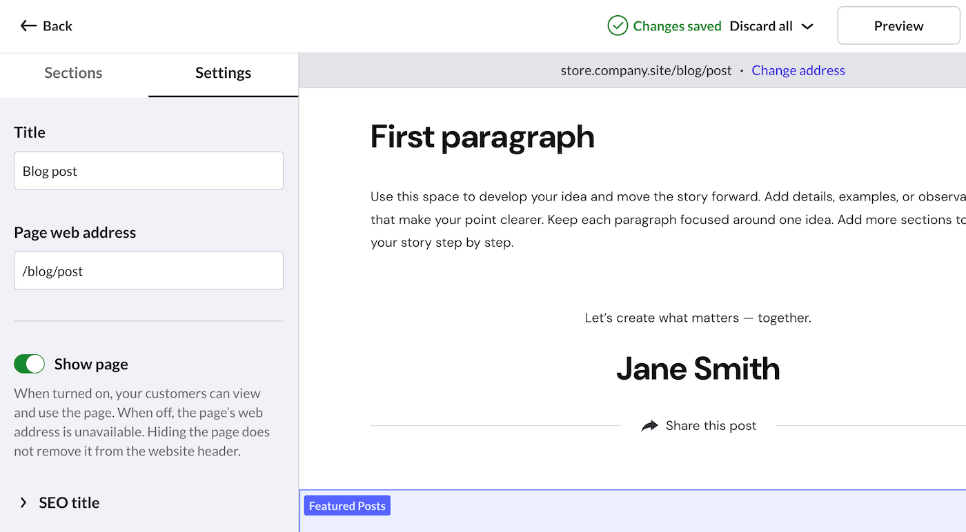 eCom site builder Blog post editor page with active Settings tab and Show page toggled on.