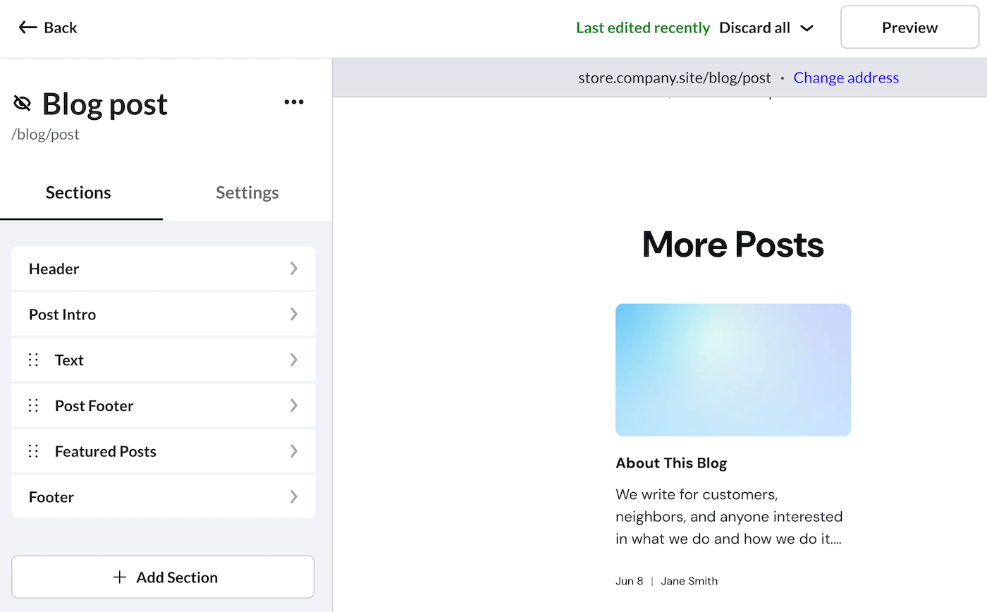 eCom site builder Blog post editor page with active Sections tab.