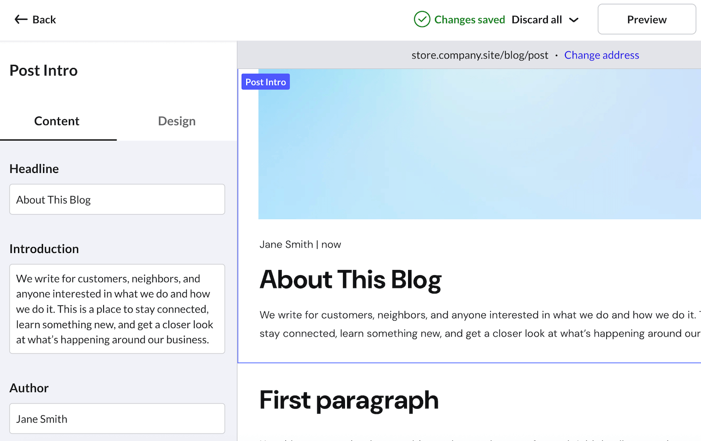 eCom site builder Blog post editor showing Post Intro section page.