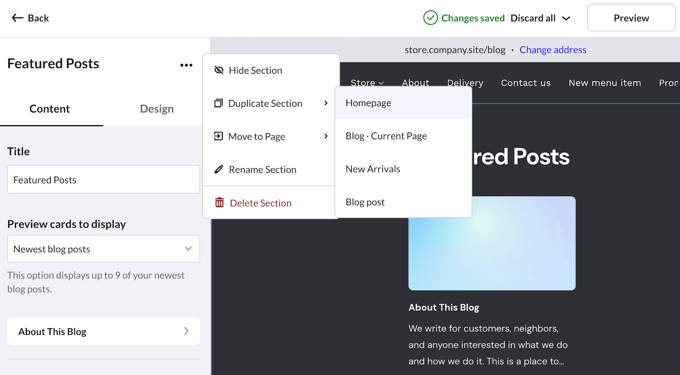 eCom site builder Blog post editor, Featured Posts page with active three dots icon menu showing Duplicate Section options.