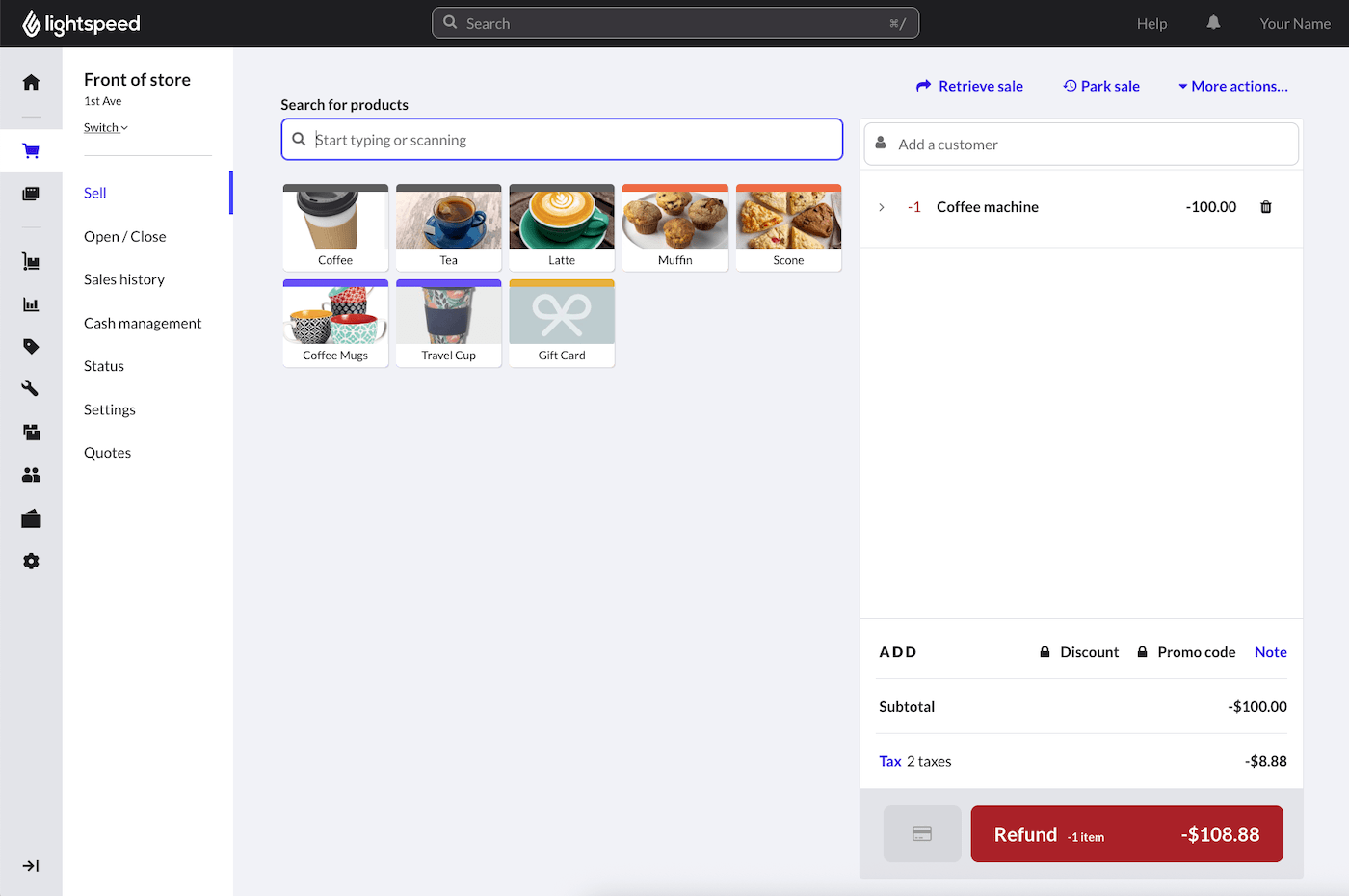 Refund sale page displaying Refund button.