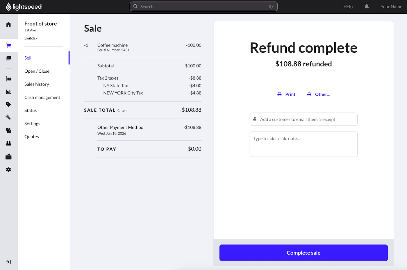 Refund complete page with options to print or email receipt.