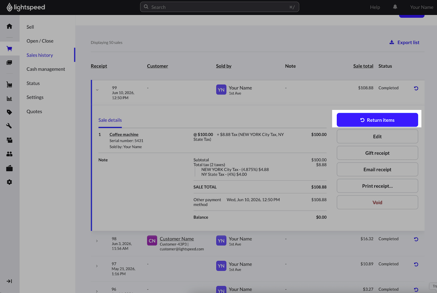 Sales history with sale expanded and Return items emphasized.