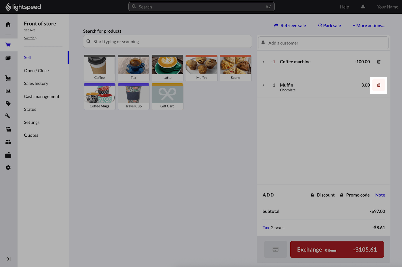 Refund sale page with trash can next to item emphasized.