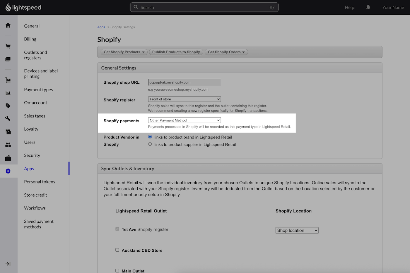 Shopify edit page with Shopify payments dropdown emphasized.