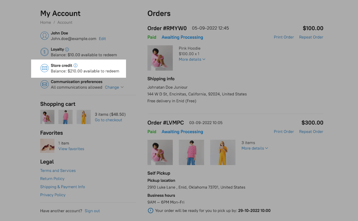Online customer account showing store credit balance highlighted.