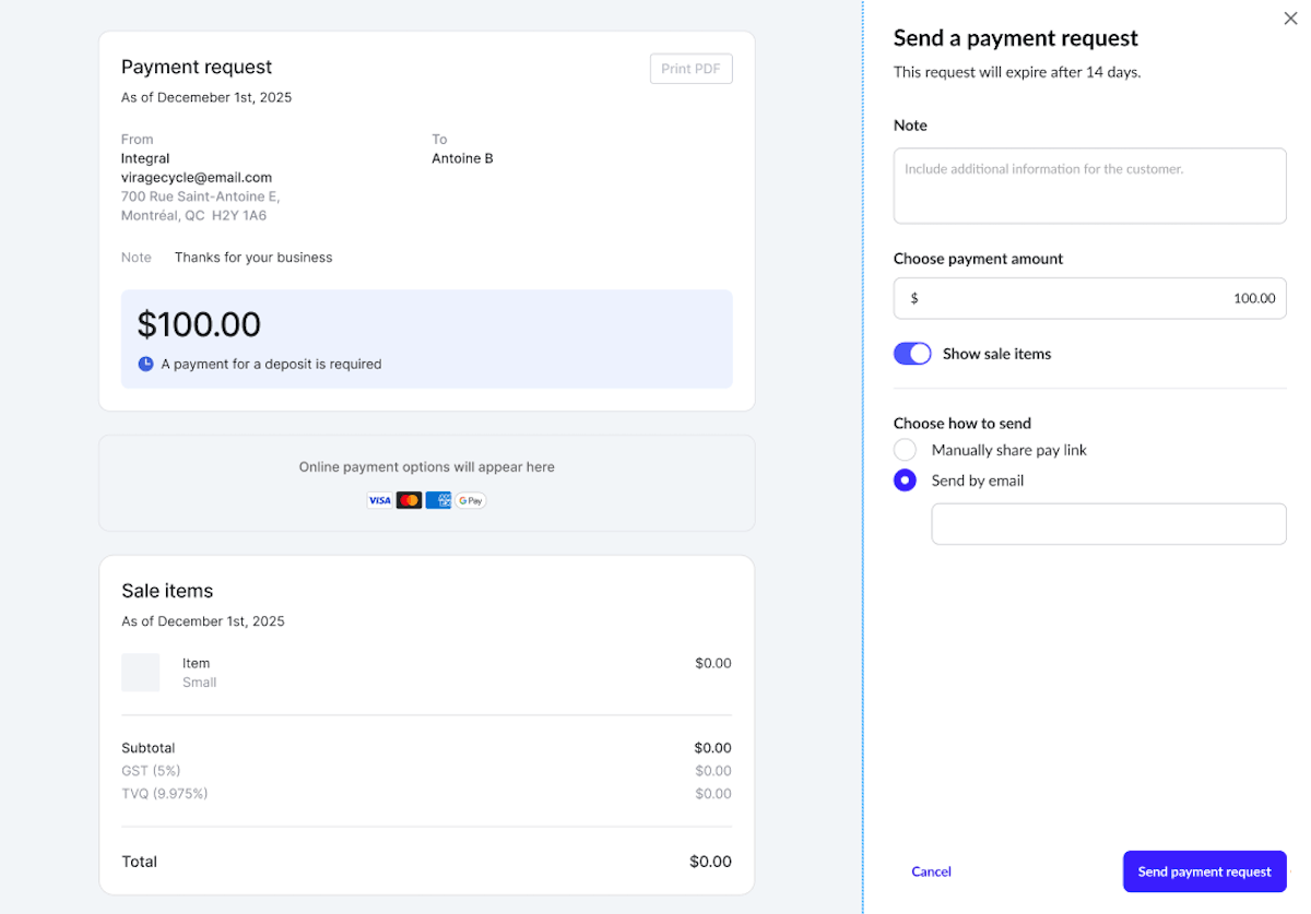 Option Envoyer par courriel sélectionnée, affichant le champ pour entrer l'adresse courriel et le bouton Envoyer la demande de paiement.