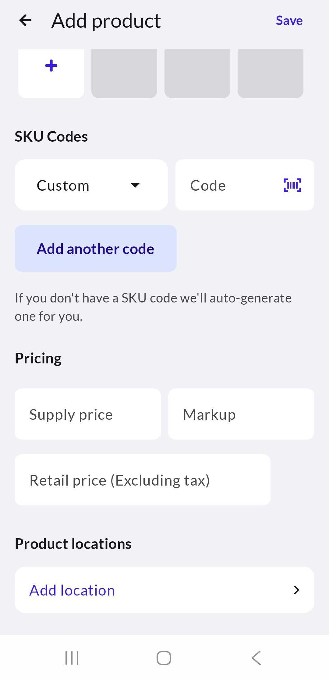 Scherm Product toevoegen met de onderdelen SKU-codes, Prijzen en Productlocaties.