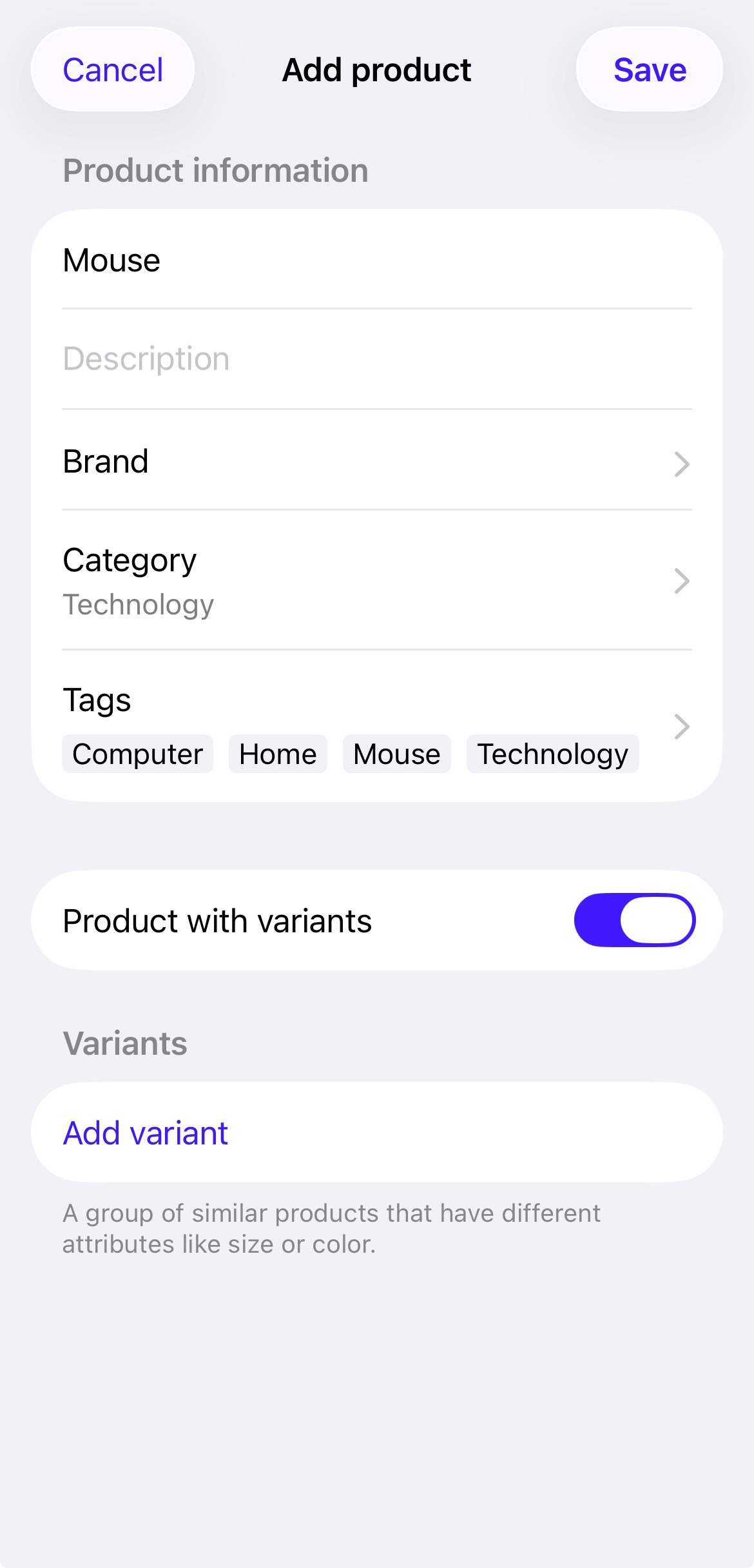 Pagina Product toevoegen met de optie 'Product met varianten' ingeschakeld.