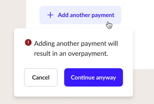 Fenêtre de modification de la vente avec message d'avertissement de trop-perçu.