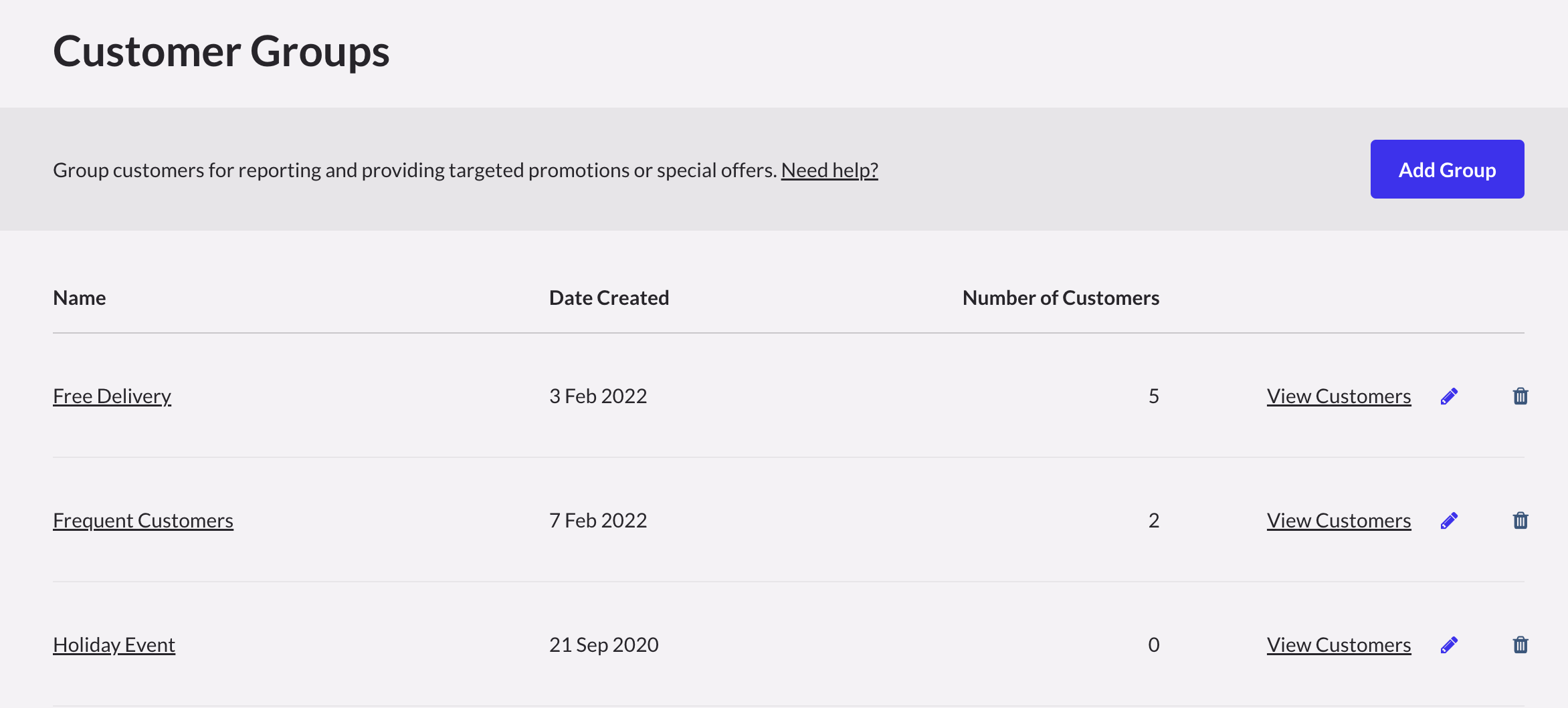 The Customer Groups page.