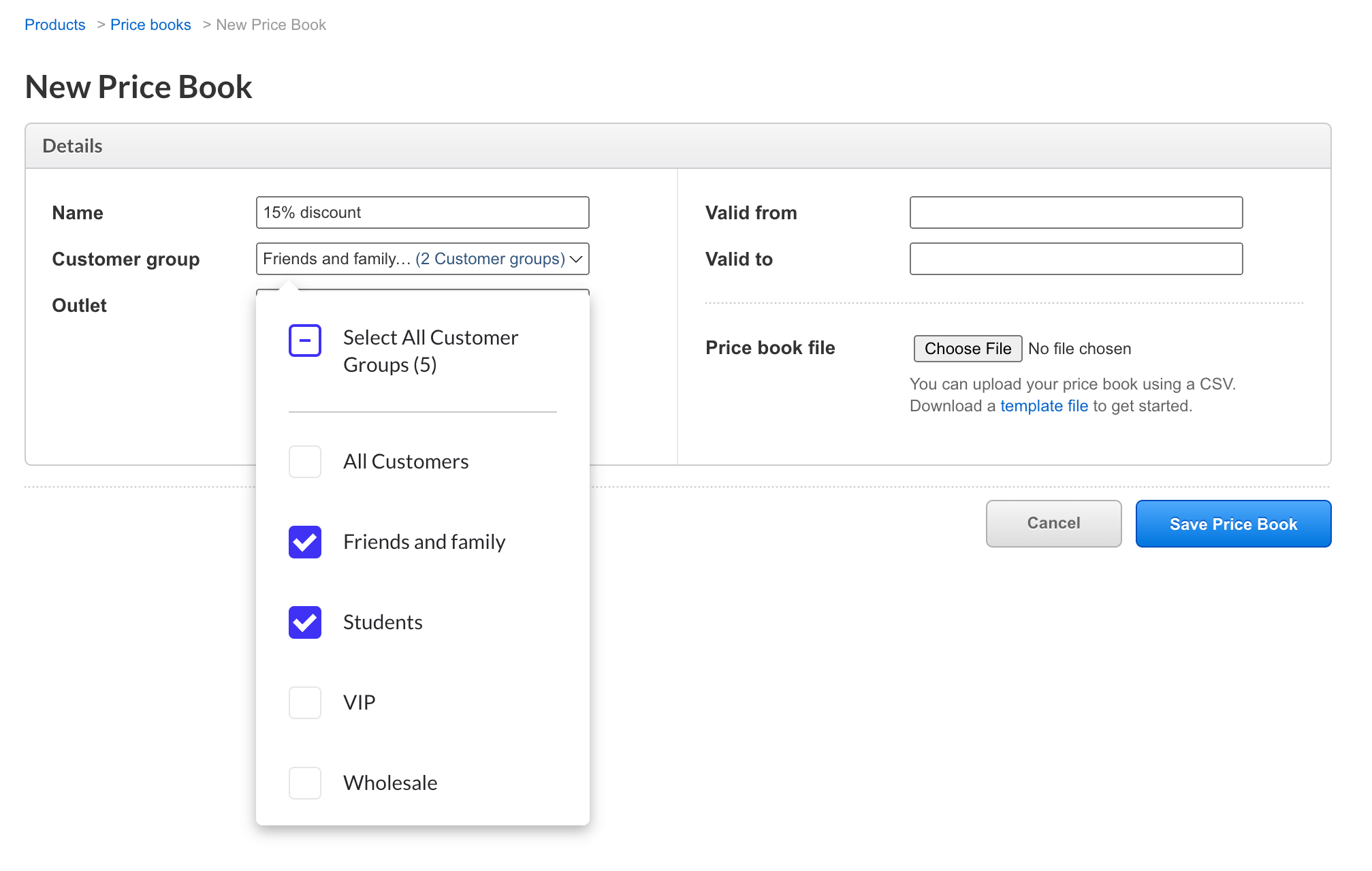The New Price Book page displaying the expanded Customer group dropdown menu.