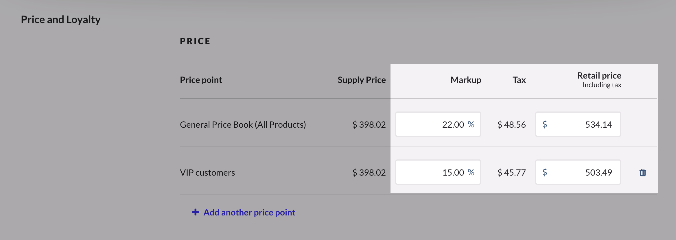 The Markup, Tax, and Retail price sections highlighted in the Price and Loyalty section.