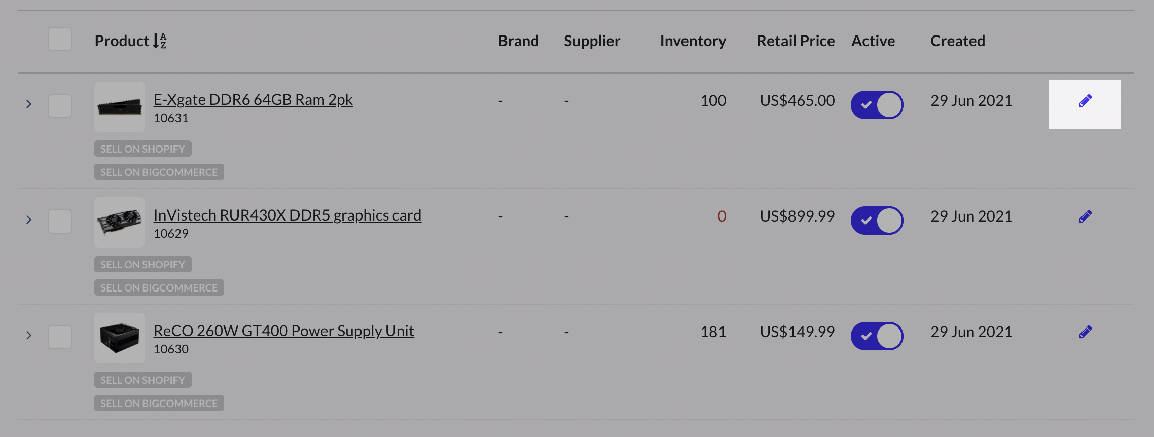 The pencil edit icon highlighted in the product row..