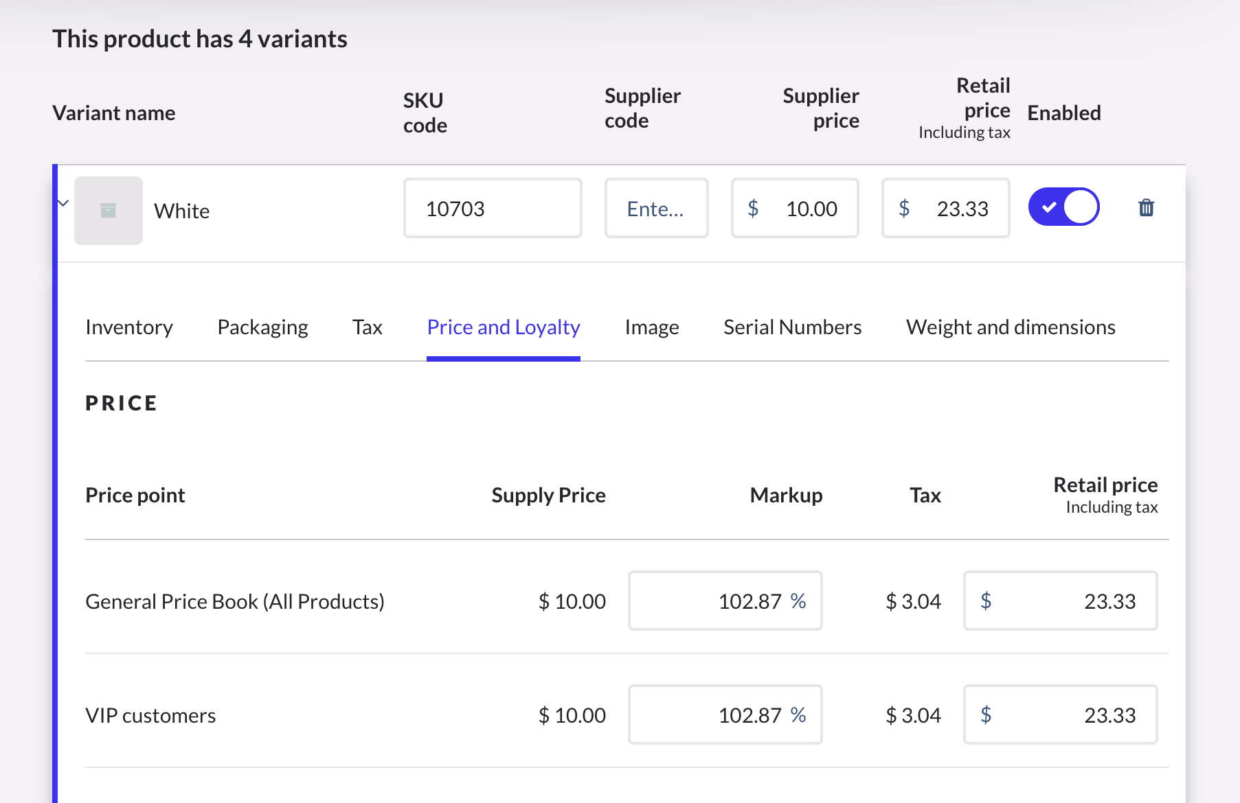 The product Price and Loyalty tab.