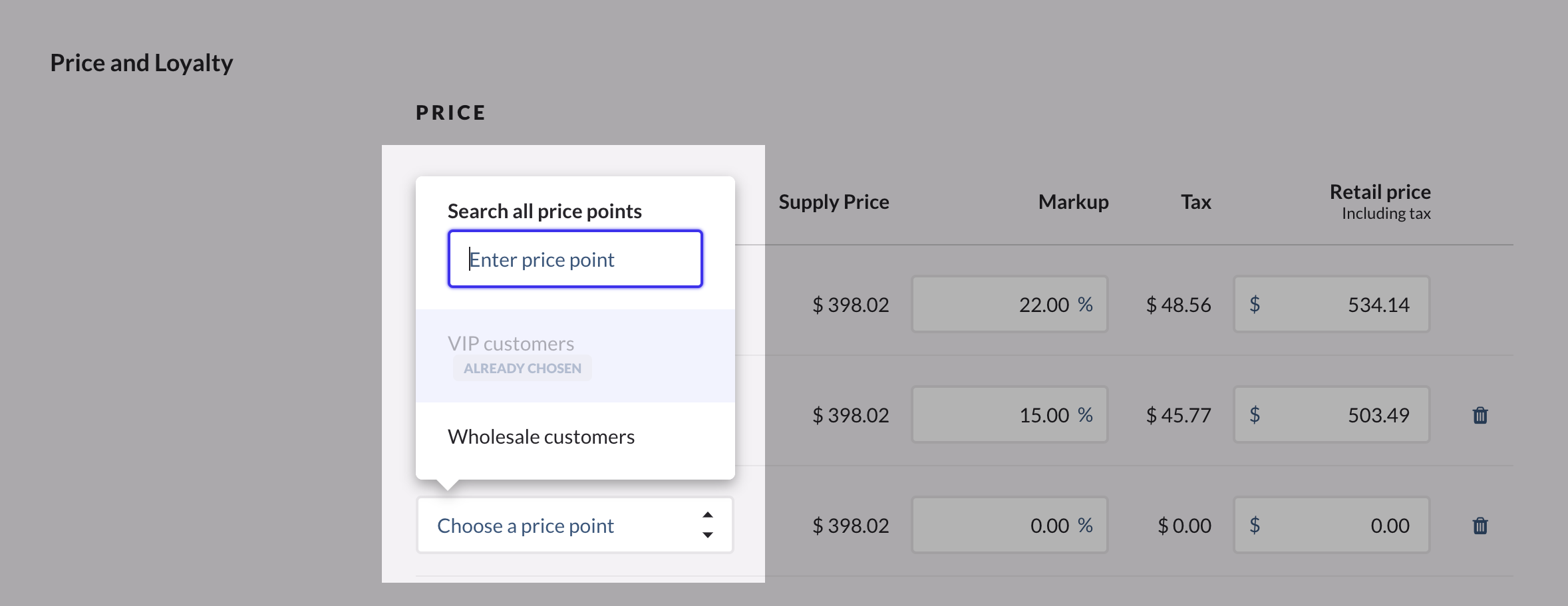 The search all price points field highlighted.