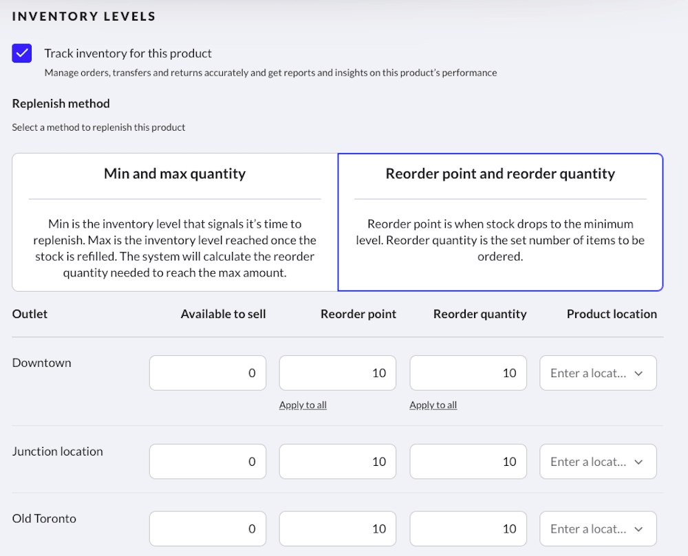 Méthode de réapprovisionnement par seuil de réapprovisionnement des stocks et quantité de réapprovisionnement sur la page de modification du produit.