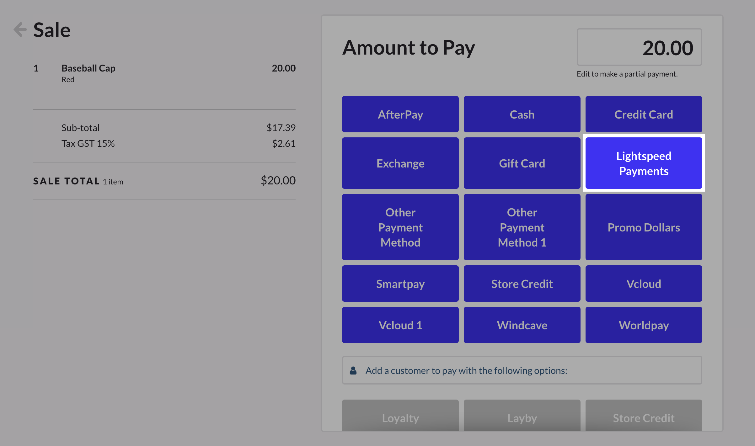 Lightspeed Payments highlighted on the Sell screen.
