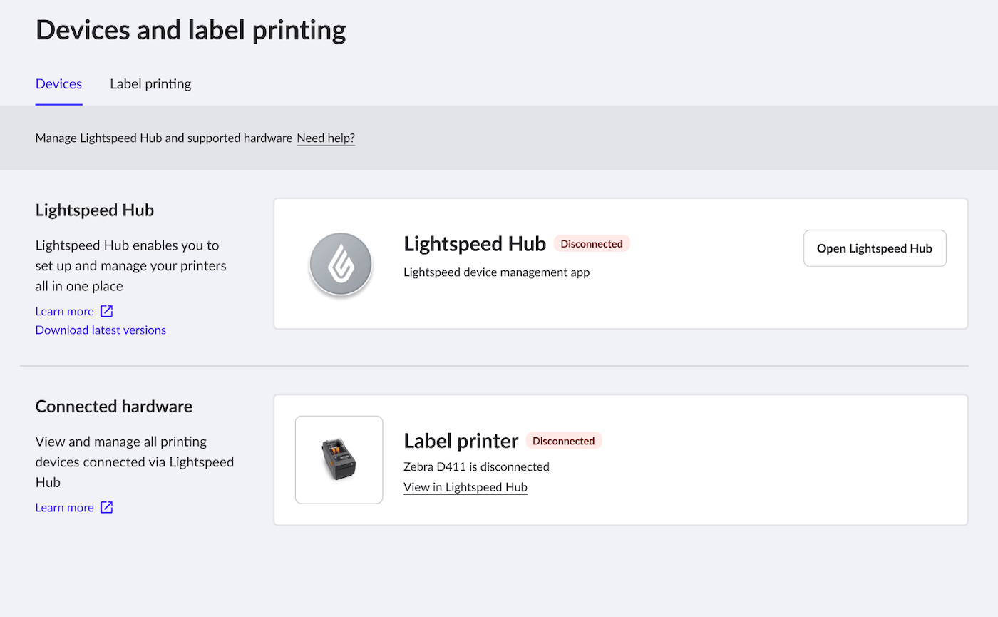 La page Appareils et impression d’étiquettes dans PDV détaillants. Concentrateur Lightspeed affiche un état Déconnecté.