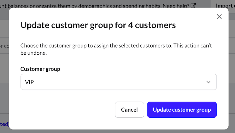Fenêtre contextuelle de mise à jour des clients en lot affichant le menu déroulant 'Groupe de clients' et le bouton 'Mettre à jour le groupe de clients'.