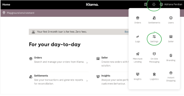 The settings button highlighted on the Klarna home page.