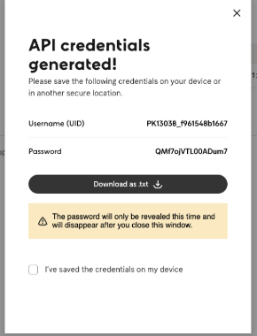 The download button and sucessful API credentials generated message.