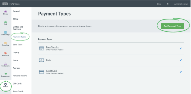 The Add Payment Types button on the Payment Types page.