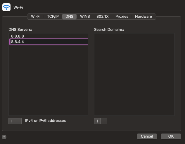 Tabblad DNS in Netwerkinstellingen in MacOS waarop  IPv4-adressen van Google te zien zijn